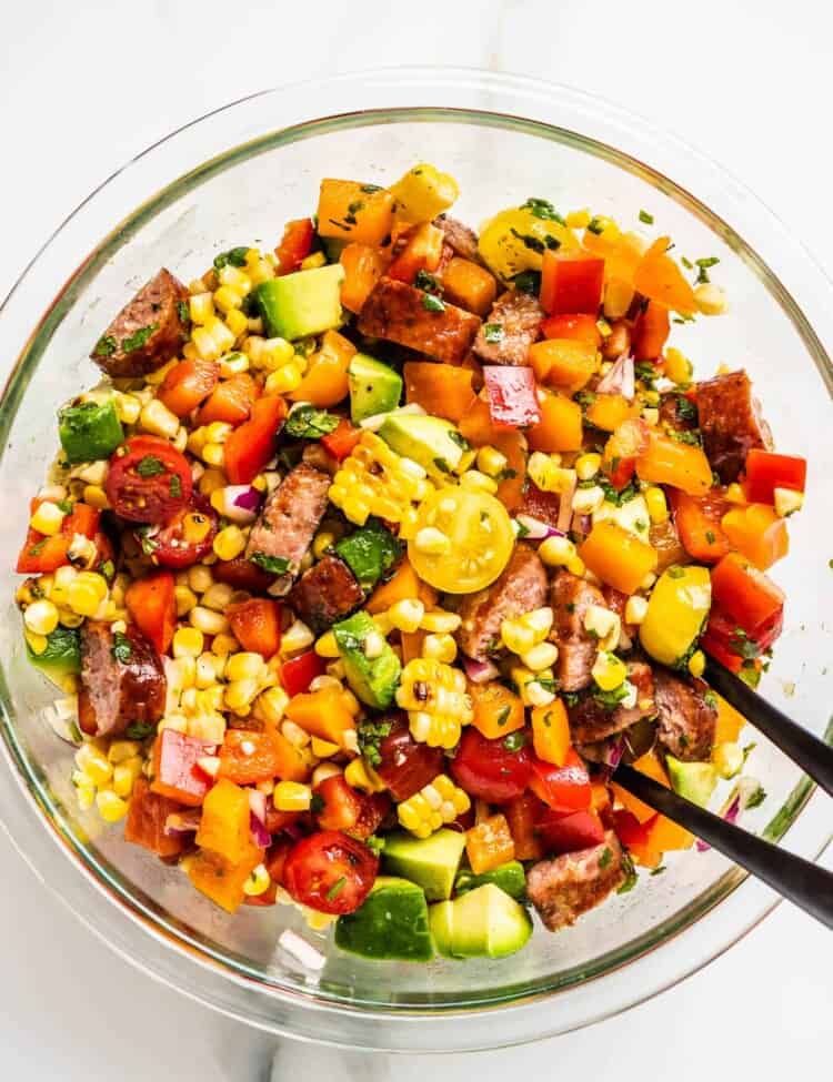 Grilled Corn Salad in a glass serving bowl