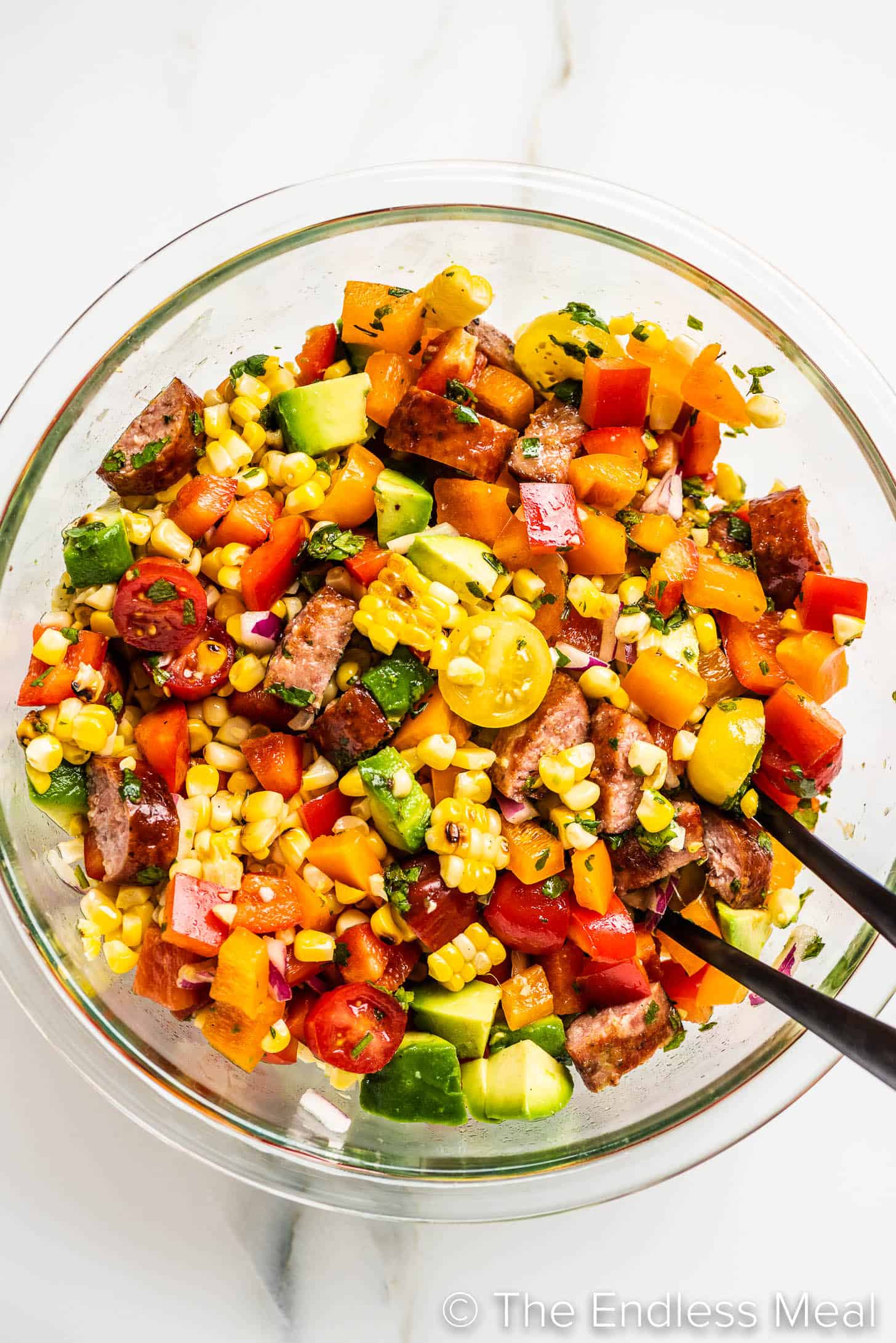 Grilled Corn Salad in a glass serving bowl