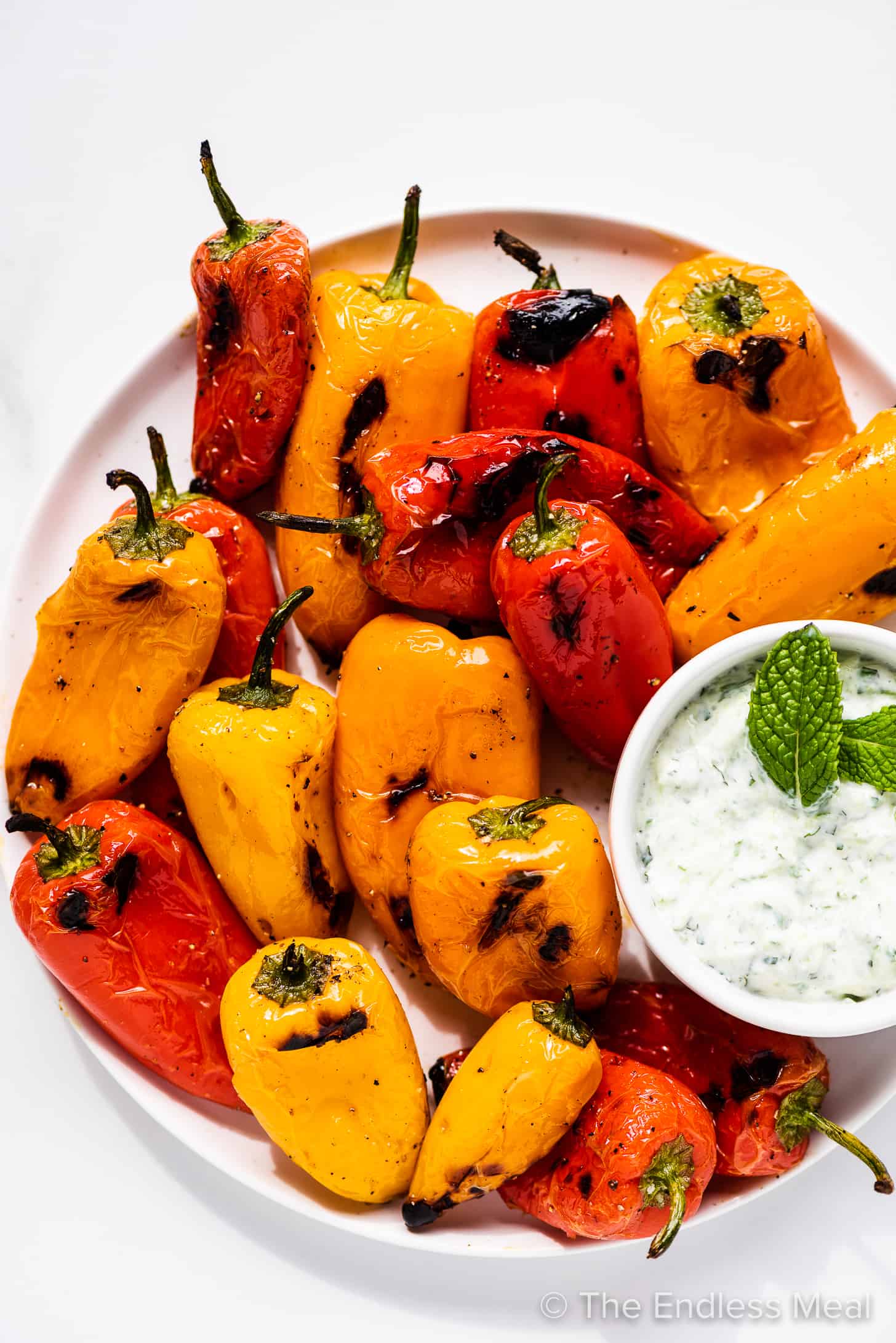 Grilled Mini Peppers on a serving plate with a side of mint tzatziki