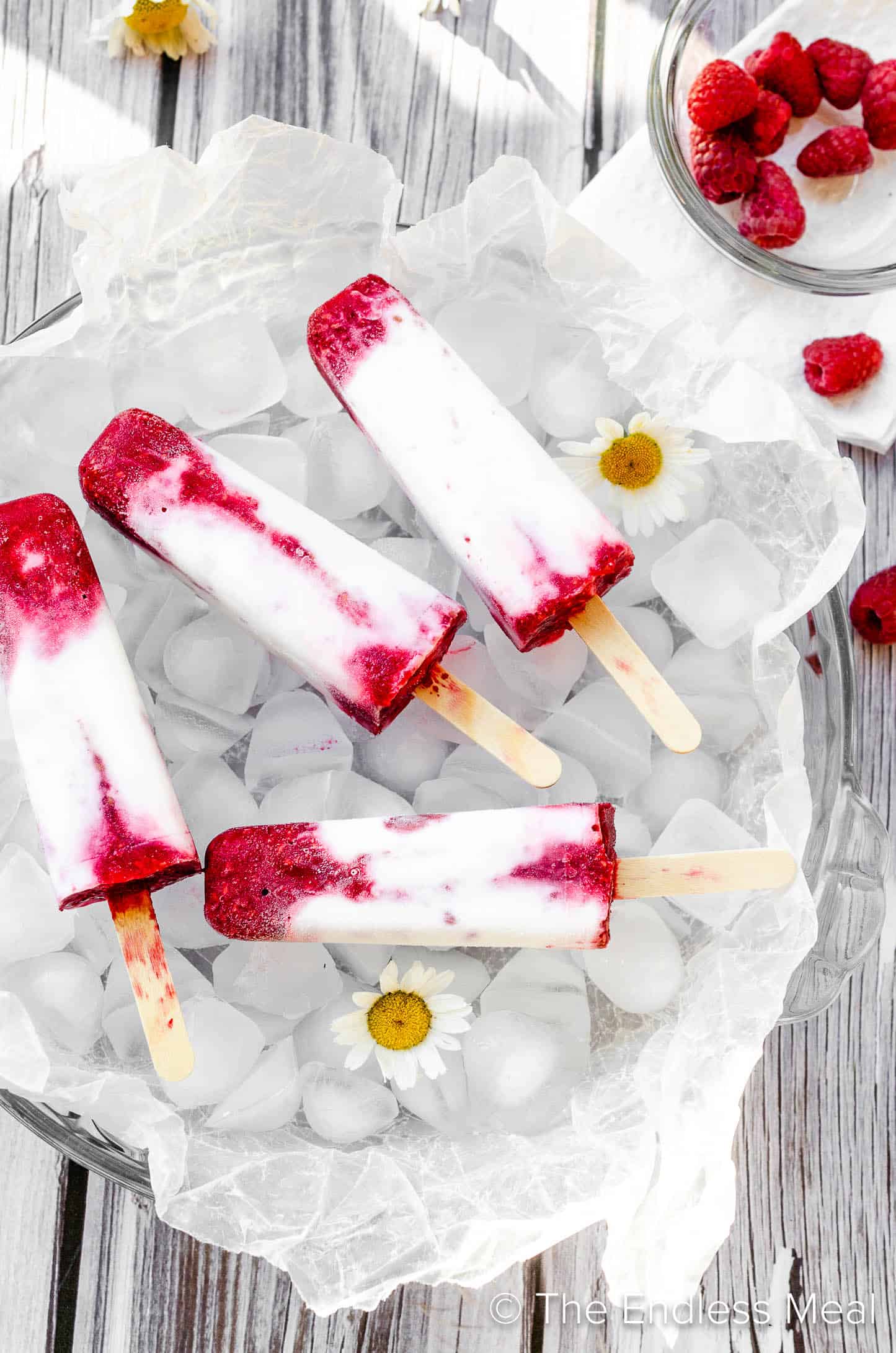 Coconut Raspberry Popsicles on a tray of ice