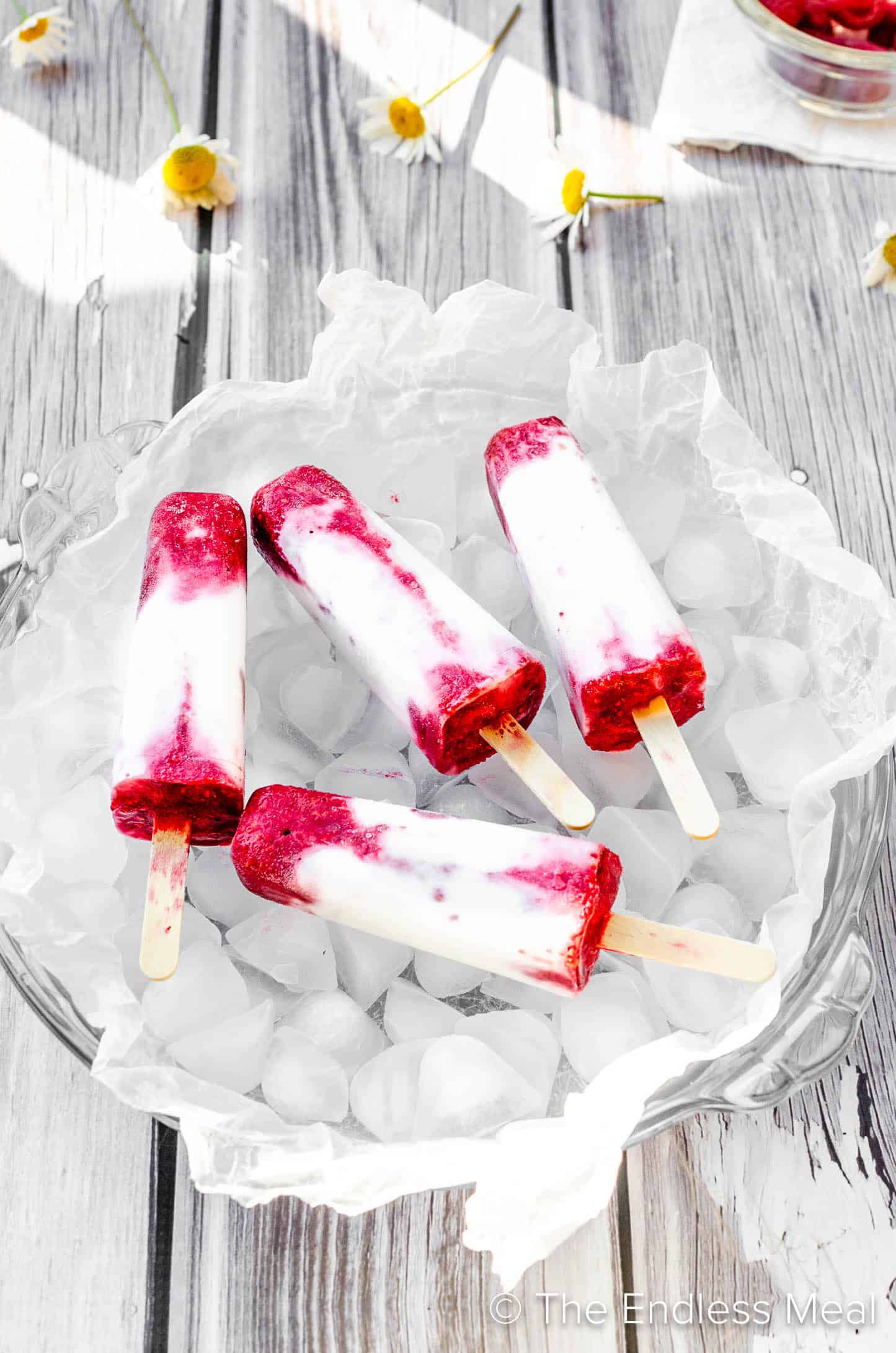 Looking down on a dessert tray of raspberry coconut popsicles