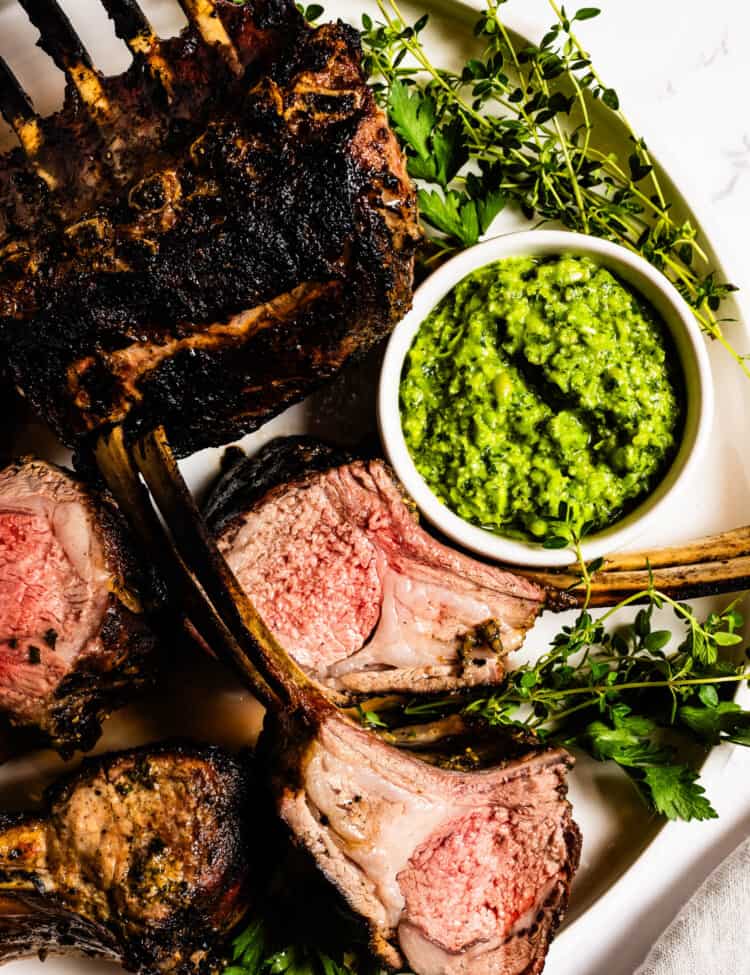 Grilled Rack of Lamb on a serving plate