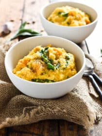 Creamy Goat Cheese and Pumpkin Polenta | this quick and easy to make fall dinner recipe is the perfect way to warm up on a chilly night. | theendlessmeal.com