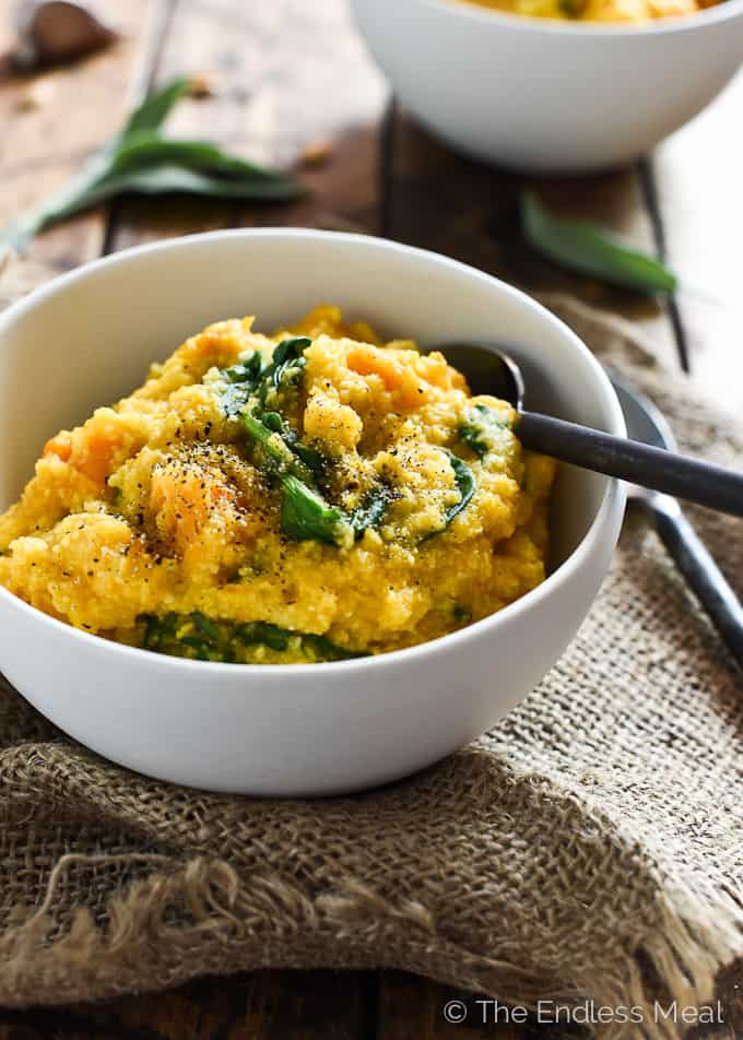 ? Creamy Goat Cheese and Pumpkin Polenta | this quick and easy to make fall dinner recipe is the perfect way to warm up on a chilly night. | theendlessmeal.com