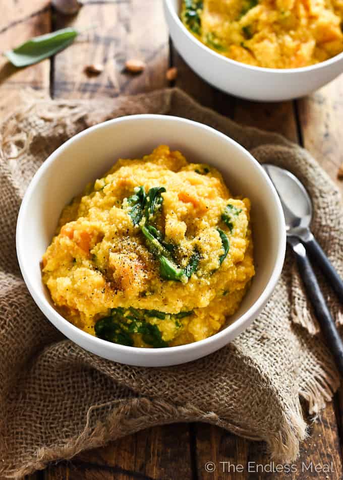 ? Creamy Goat Cheese and Pumpkin Polenta | this quick and easy to make fall dinner recipe is the perfect way to warm up on a chilly night. | theendlessmeal.com