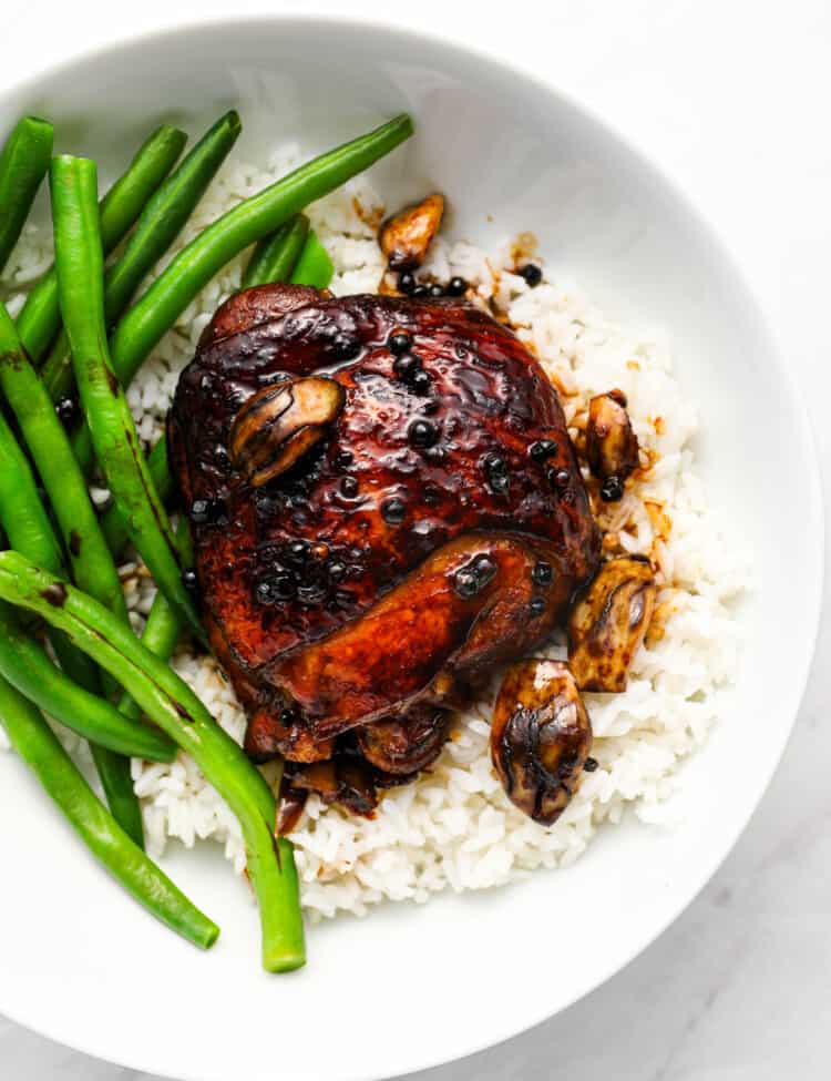 A close up of this Chicken Filipino Adobo recipe on a dinner plate