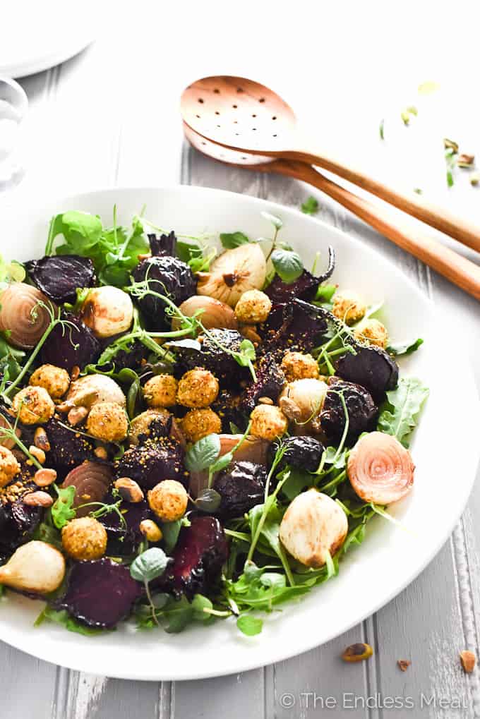 Maple Roasted Beet Salad with Pistachio Dust Goat Cheese | theendlessmeal.com