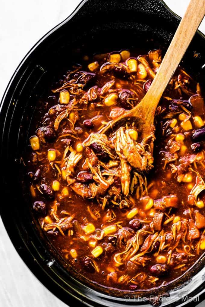 Slow cooker chicken chili in a crockpot.