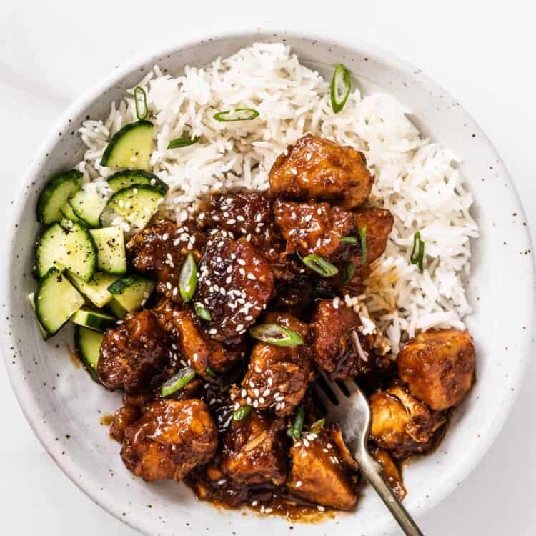 General Tso's Chicken on a plate with rice