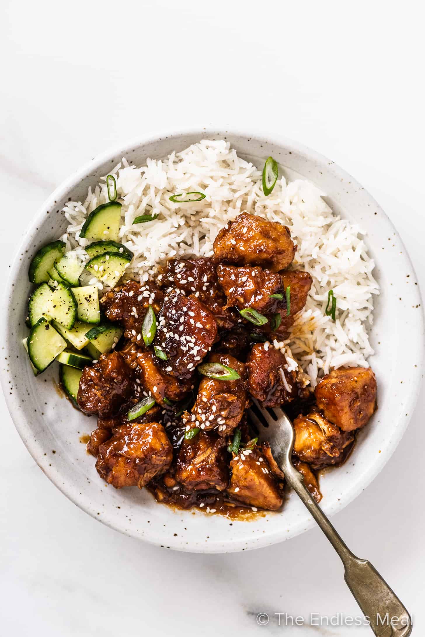 General Tso's Chicken on a plate with rice