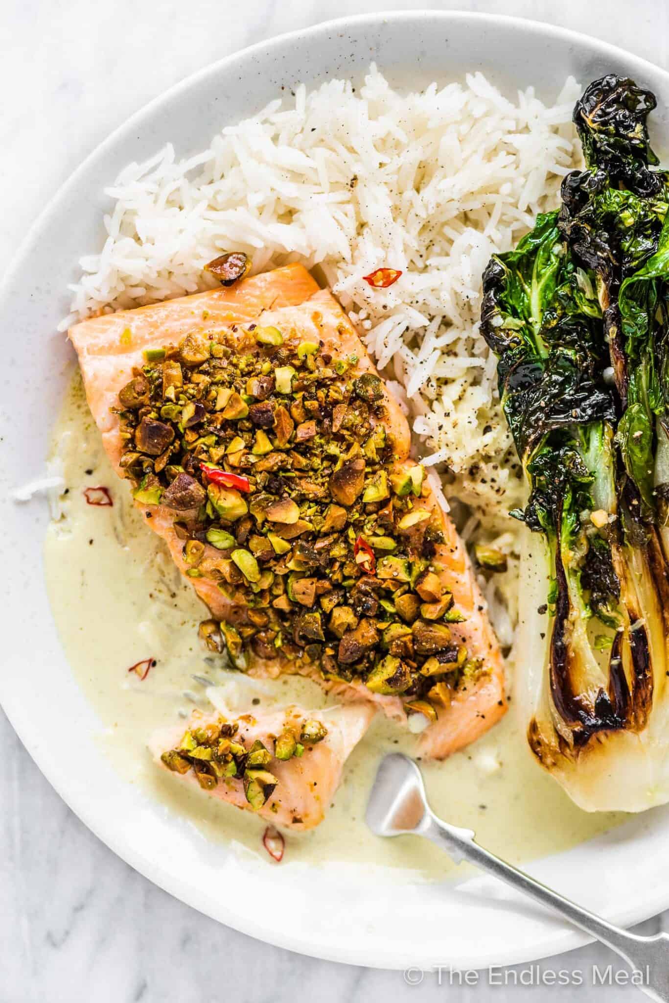 Pistachio crusted salmon on a plate with rice and bok choy.
