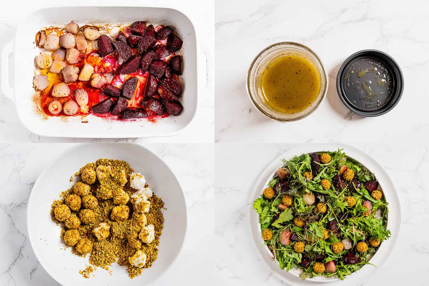 Four pictures showing how to make Roasted Beet Salad with Goat Cheese and Pistachios