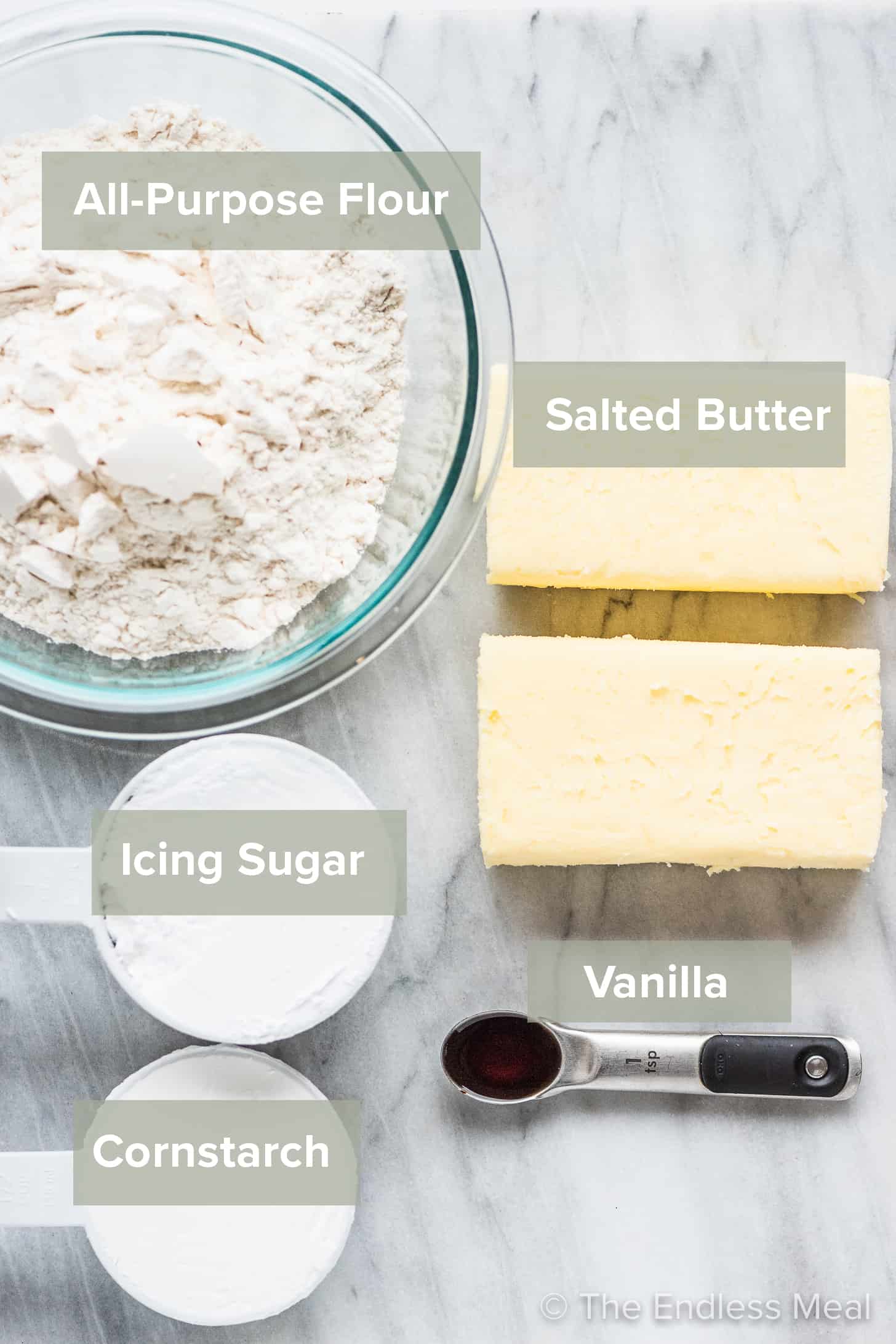 The ingredients to make shortbread cookies with labels