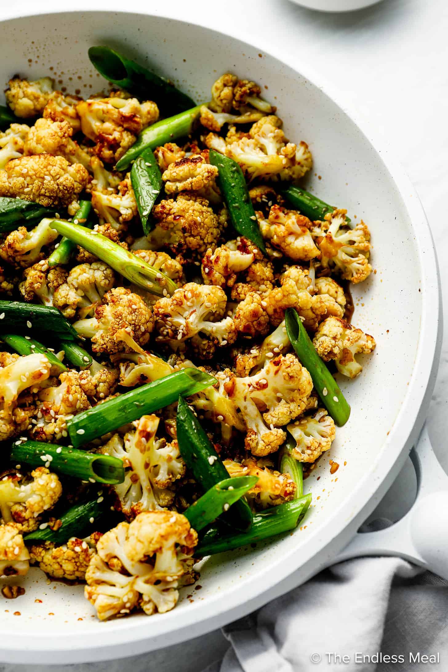 A close up of General Tso's Cauliflower in a pan