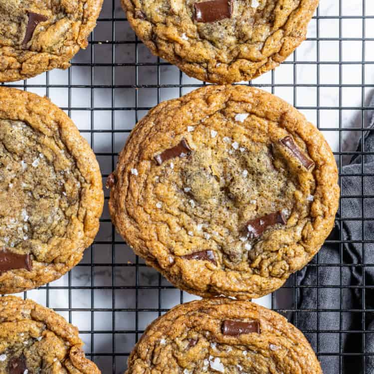 Brown Butter Sea Salt Chocolate Chip Cookies on a wire rack