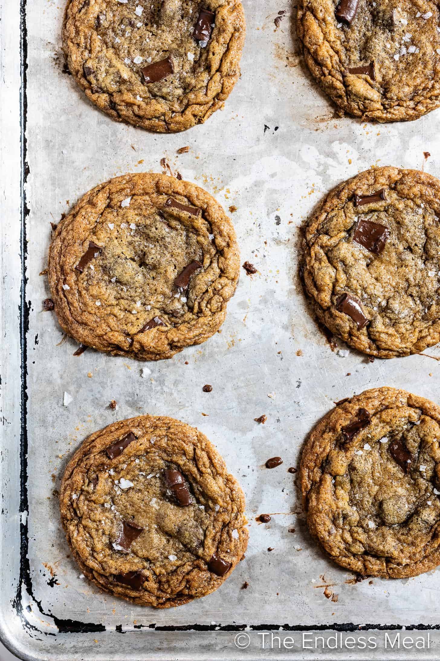 Brown Butter Sea Salt Chocolate Chip Cookies on a baking tray