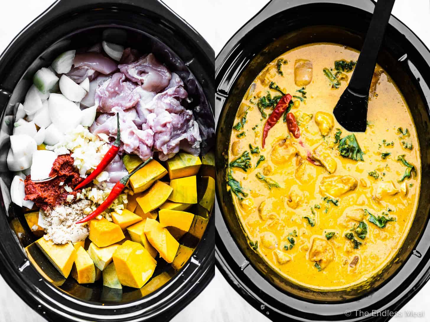 Before and after pictures of this thai chicken curry in a crockpot. 