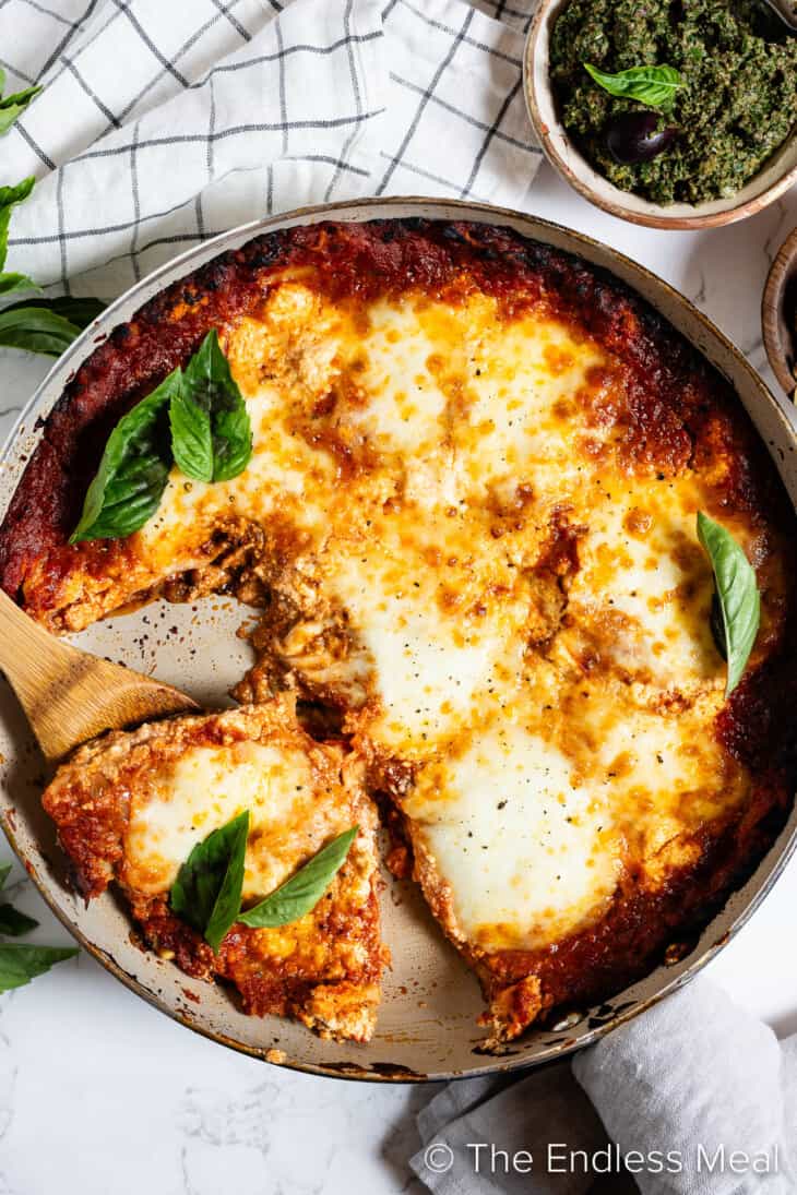 Vegetarian Skillet Lasagna in a frying pan on a dinner table