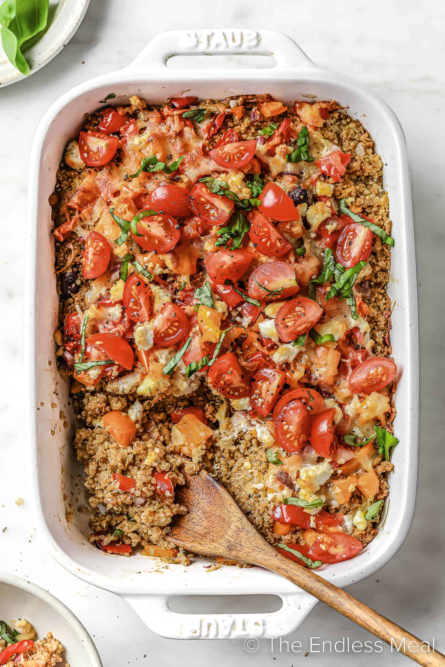 looking down at quinoa casserole in a baking dish