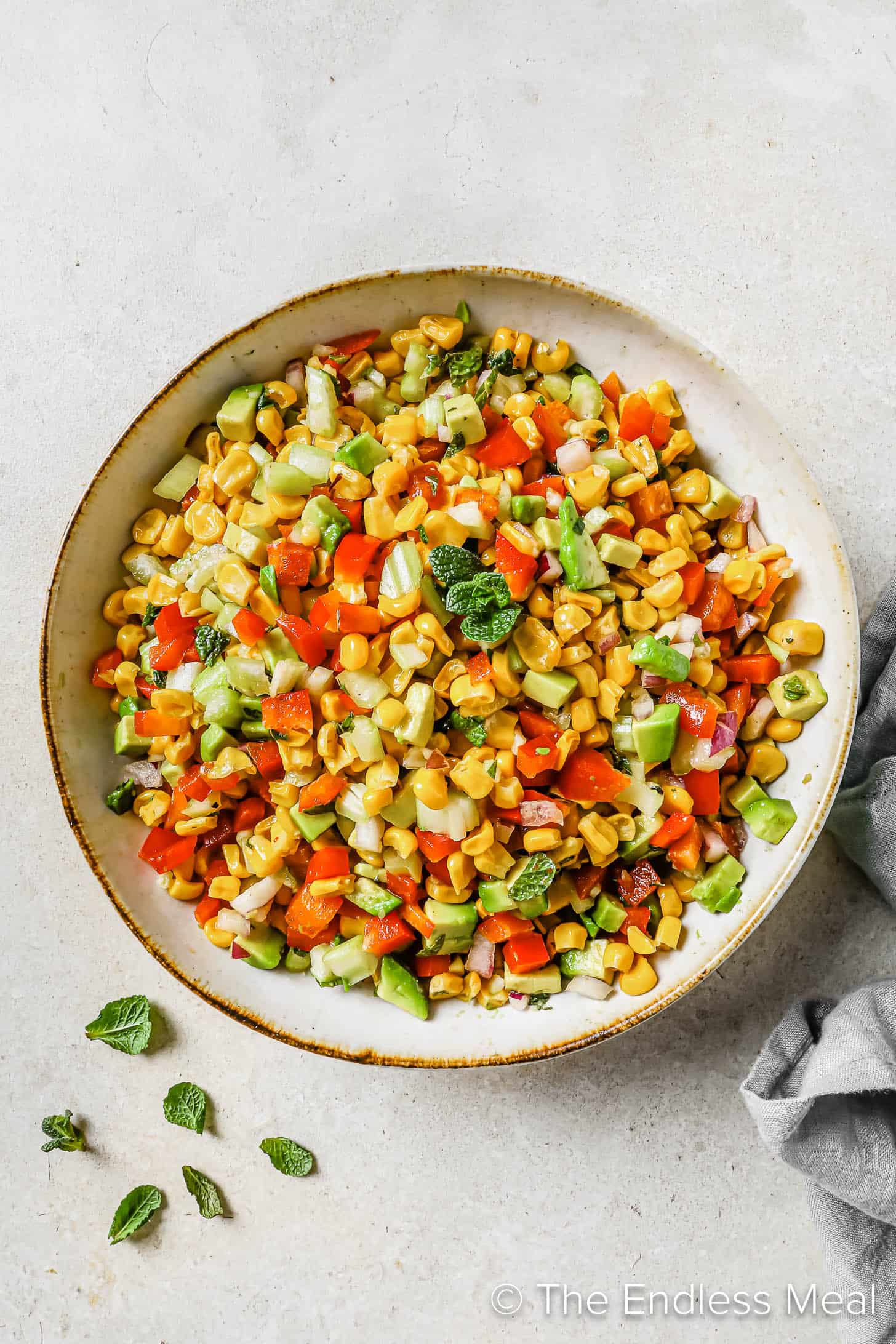 Corn and Avocado Salad in a serving bowl