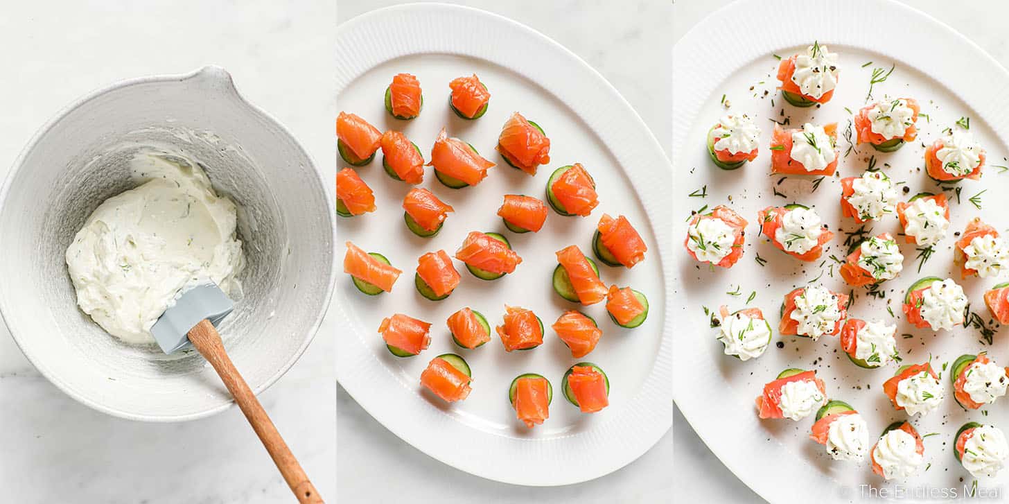 three pictures showing how to make this smoked salmon appetizer recipe