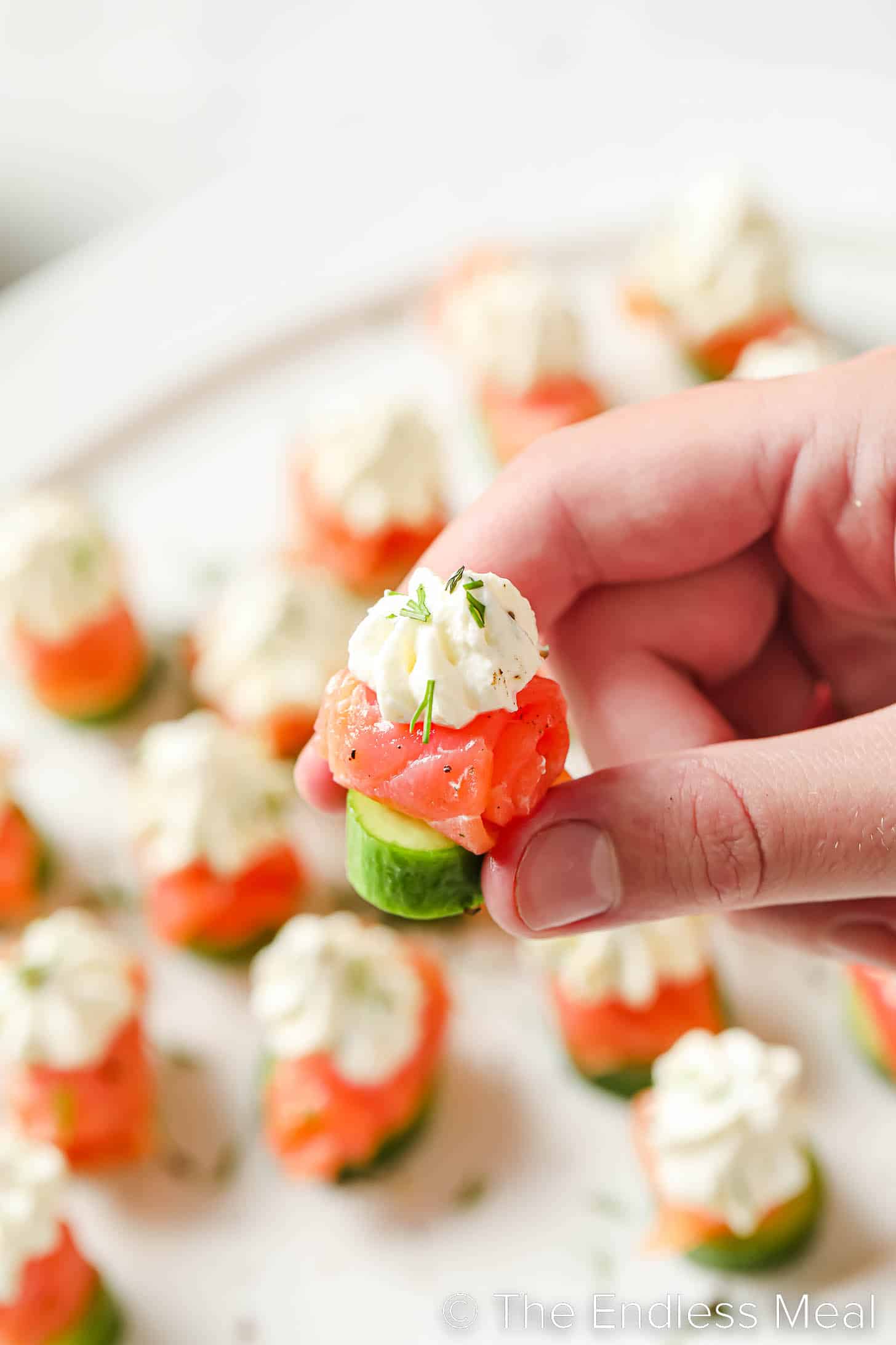 a hand holding a mini smoked salmon appetizer bite