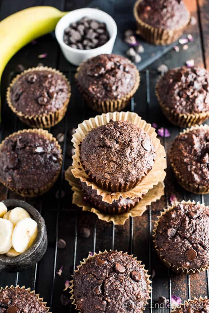 These healthy Triple Chocolate Paleo Banana Muffins are crazy delicious. They're dairy-free, gluten-free, SUGAR-FREE and made without any flour and they are so tasty. They're 100% paleo approved, but you don't have to be paleo to love them! | theendlessmeal.com