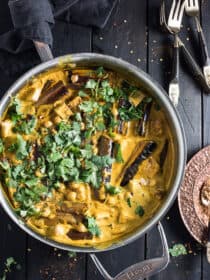 This Chickpea, Tofu, and Eggplant Curry is an easy to make and delicious weeknight dinner recipe. It's naturally vegan + gluten-free and made super creamy with coconut milk. | theendlessmeal.com