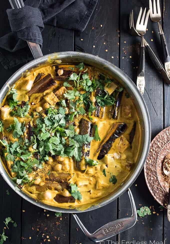 This Chickpea, Tofu, and Eggplant Curry is an easy to make and delicious weeknight dinner recipe. It's naturally vegan + gluten-free and made super creamy with coconut milk. | theendlessmeal.com