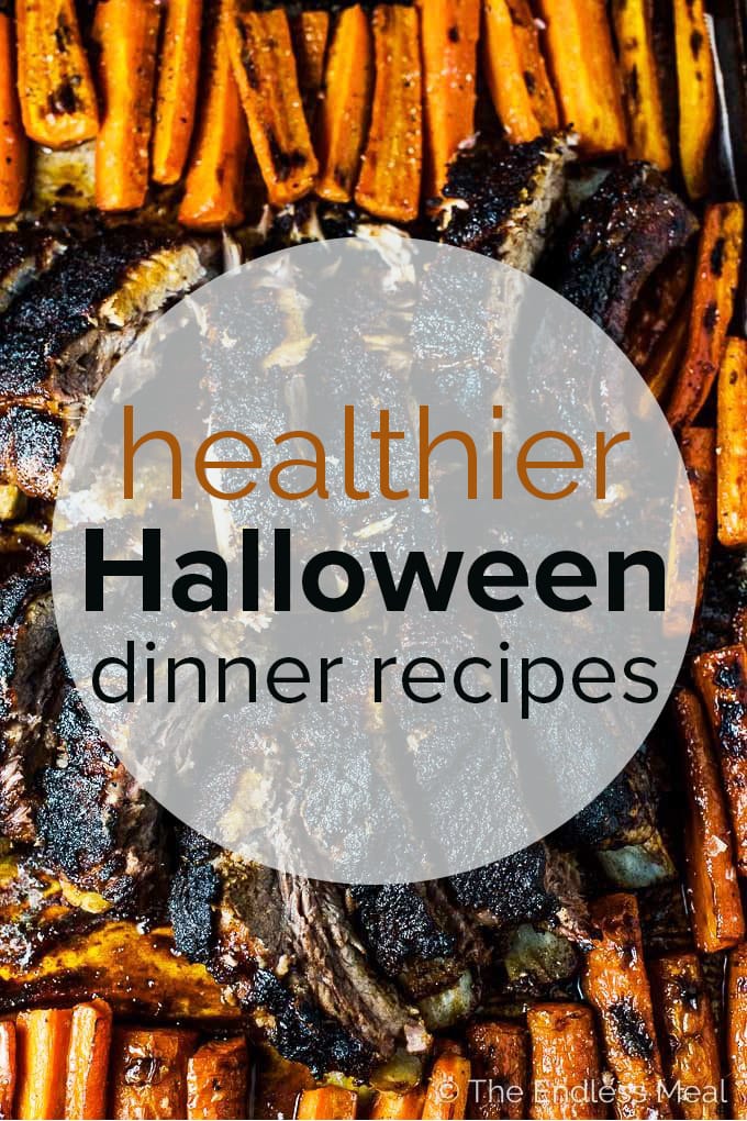 blackened ribs and carrots with the post title healthy halloween dinner recipes on the picture.