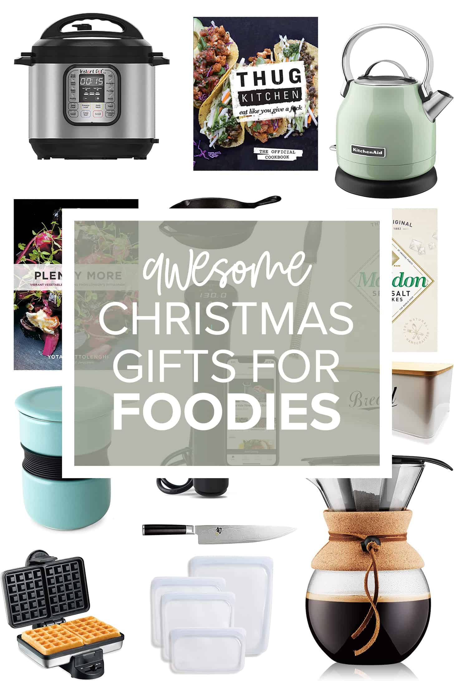 Our favorite kitchen items with the words Awesome Christmas Gifts for Foodies on top of the picture.