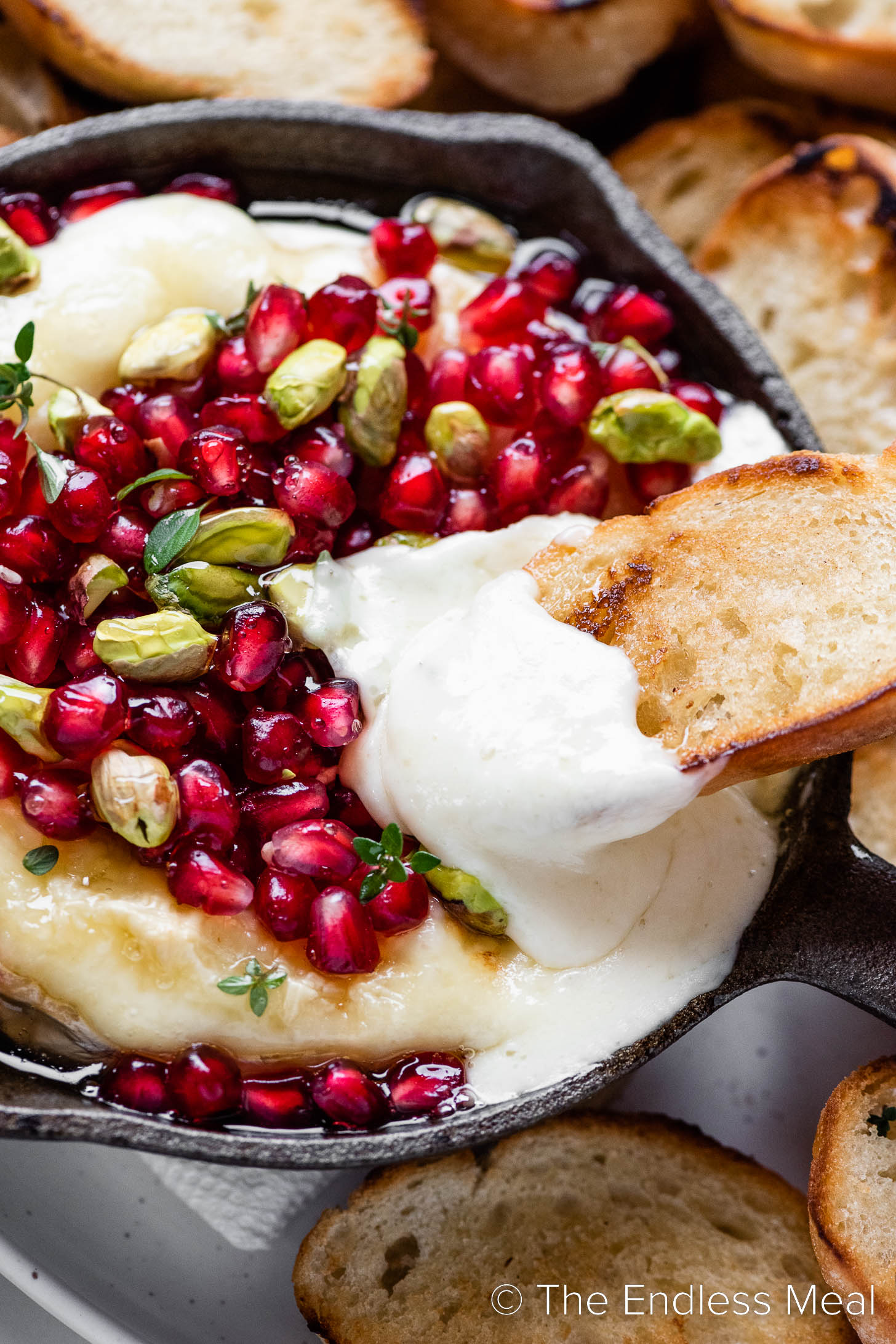 crostini dipped into Pomegranate Baked Brie