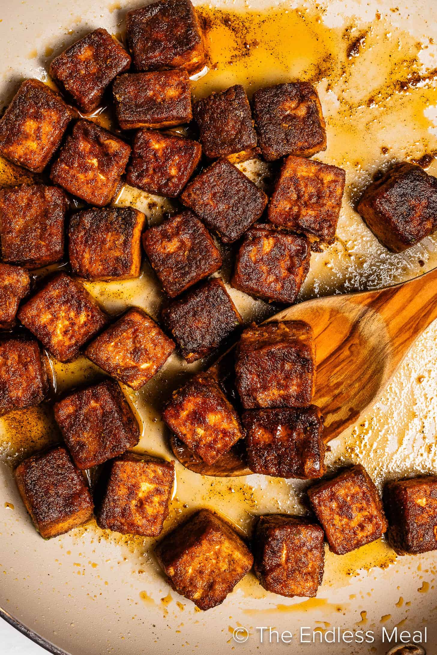 A pan of crispy tofu