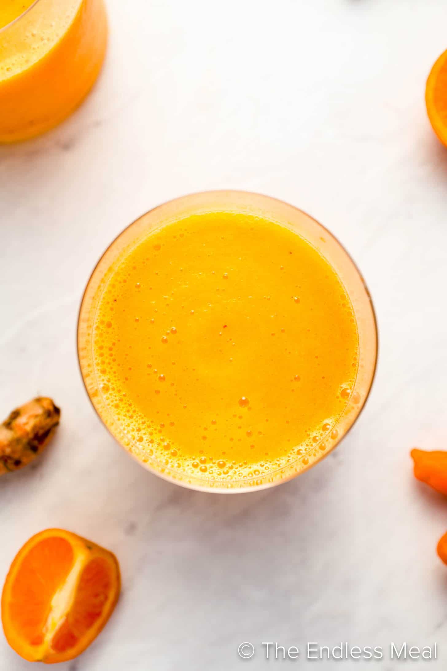 Looking down on a cup of Turmeric Smoothie