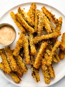 A close up of this easy Eggplant Fries recipe on a serving plate