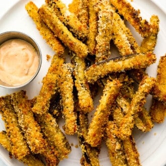 A close up of this easy Eggplant Fries recipe on a serving plate