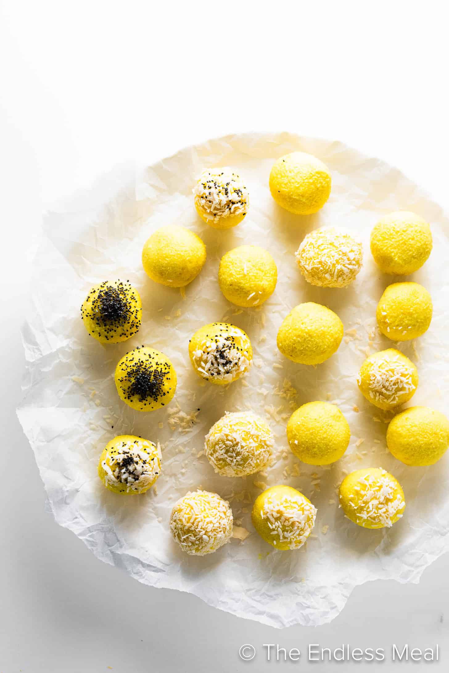 Looking down on a plate of Lemon Balls