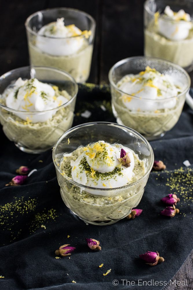 This deliciously green Chia Matcha Pudding is made with coconut milk and chia seeds and brightened with lemon juice. It's a healthy vegan dessert recipe that tastes like a decadent treat. | theendlessmeal.com