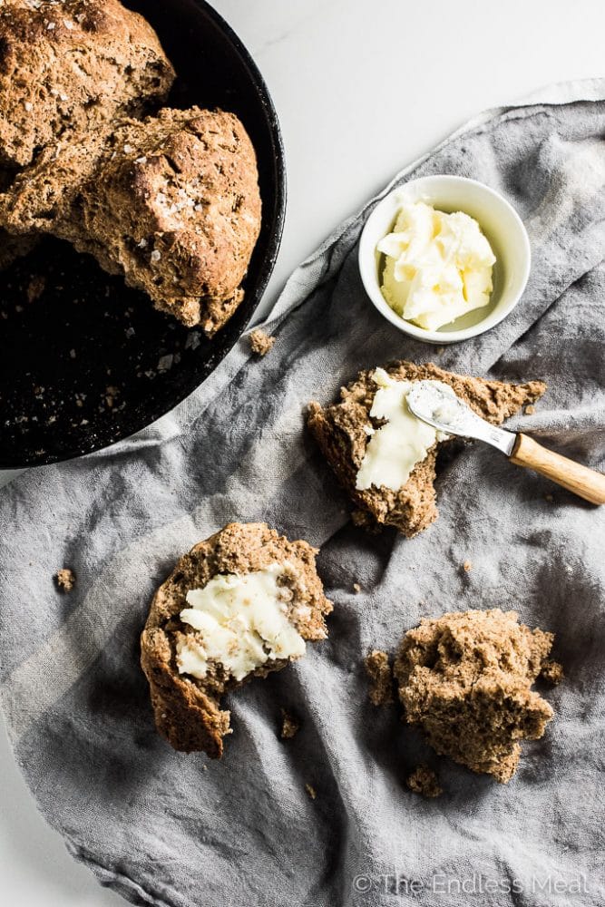 Whole Wheat Irish Soda Bread is a breeze to make and so delicious. If you have 5 minutes to spare you can whip up a batch and sit back while it bakes and fills your house with the smell of fresh baked bread. | theendlessmeal.com