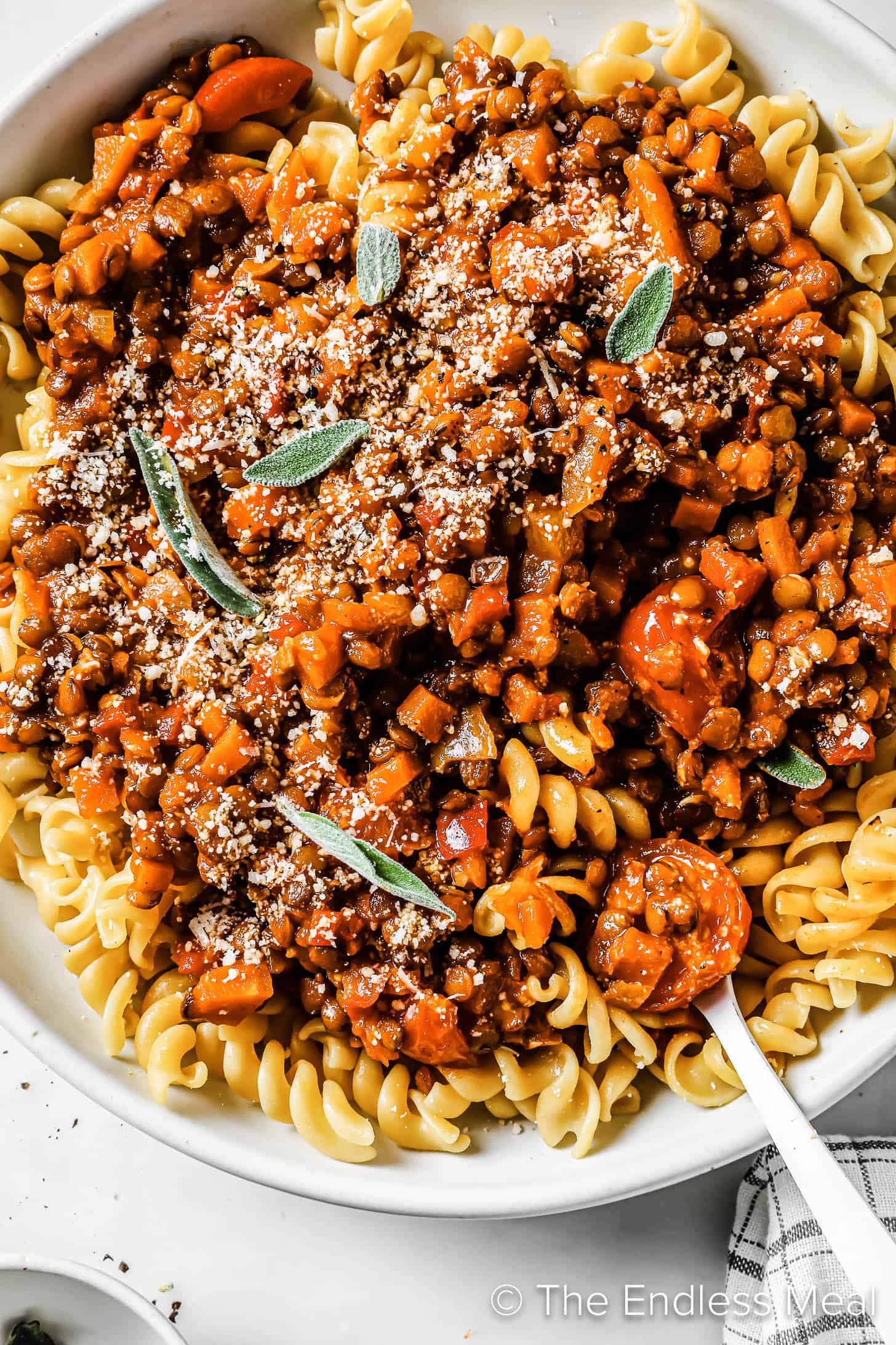 a close up of vegan bolognese made with lentils