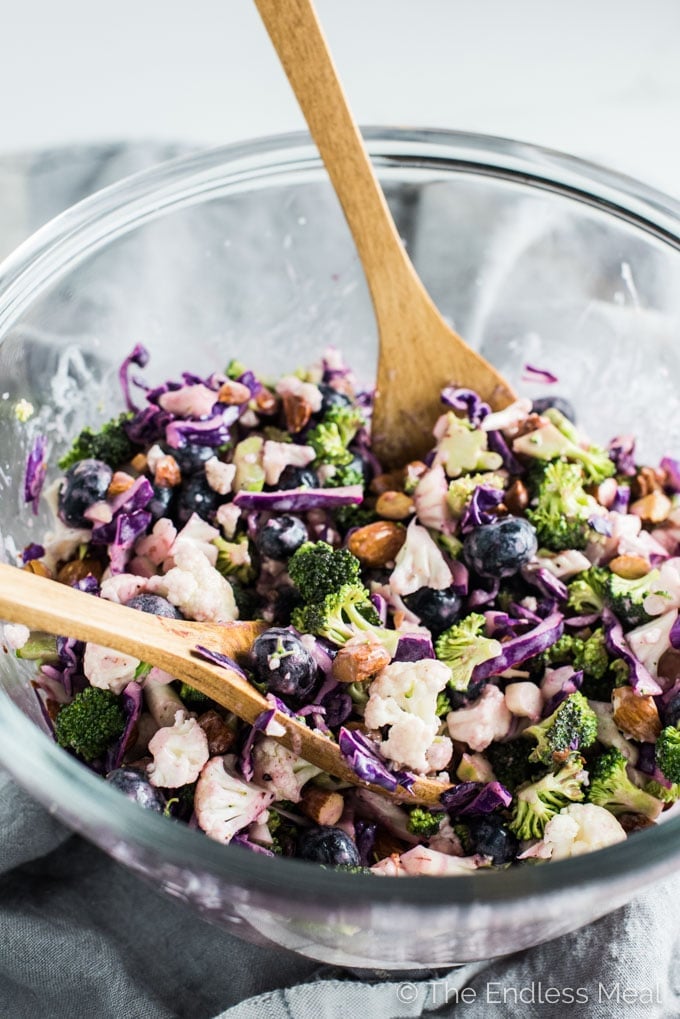 This easy to make Broccoli Cauliflower Coleslaw is dotted with sweet blueberries and crunchy chopped almonds. It's a delicious and healthy side dish recipe that is gluten-free + paleo + Whole30 and can easily be made vegan. | theendlessmeal.com