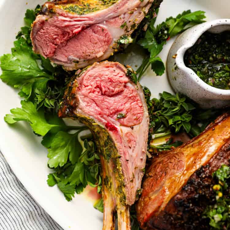 Roasted Rack of Lamb sliced on a serving tray