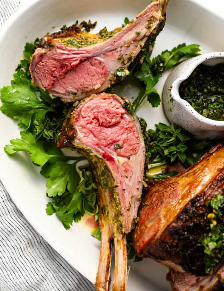 Roasted Rack of Lamb sliced on a serving tray