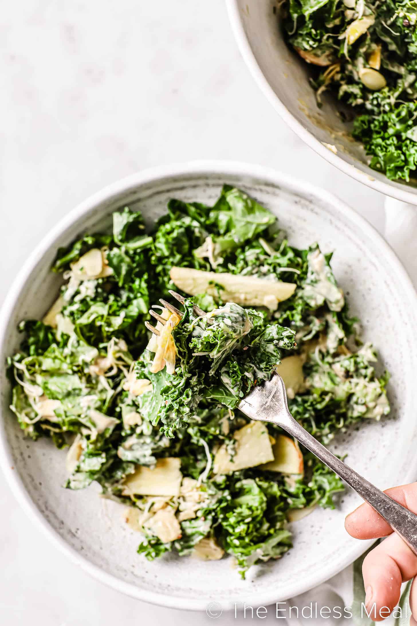 a fork in a bowl of kale tahini salad