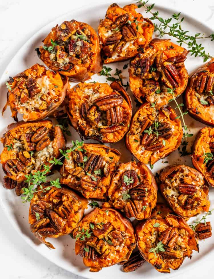 Smashed Sweet Potatoes on a dinner serving plate