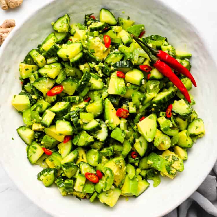 Avocado Cucumber Salad in a serving bowl