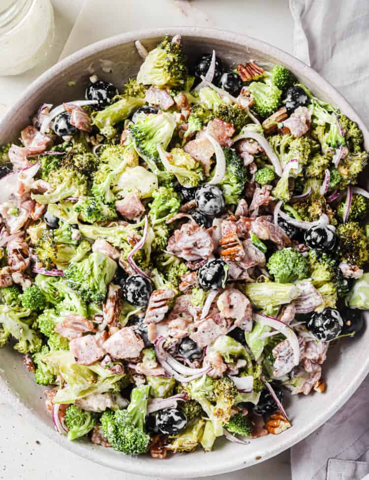 A close up of Blueberry Broccoli Salad in a salad bowl