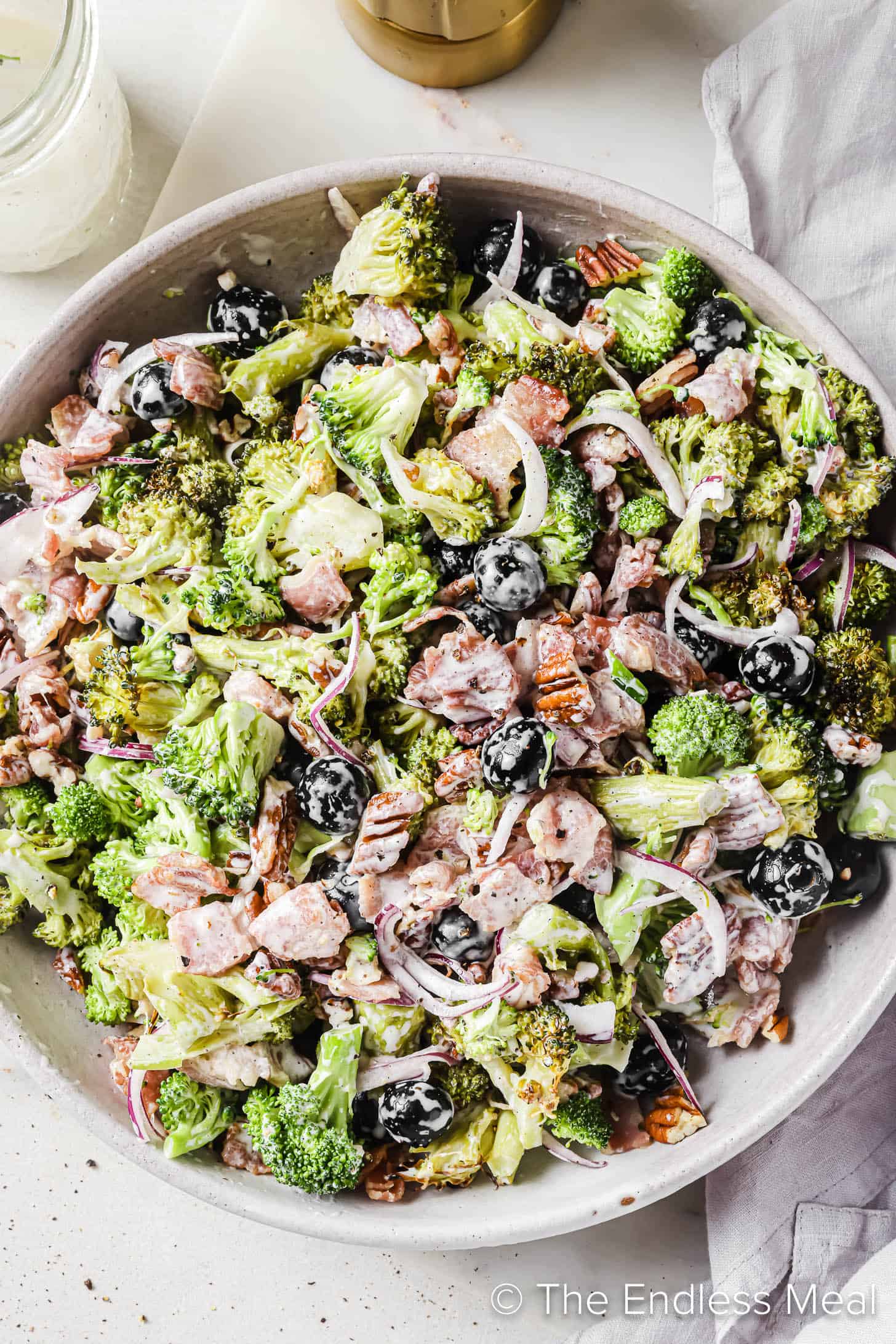 A close up of Blueberry Broccoli Salad in a salad bowl
