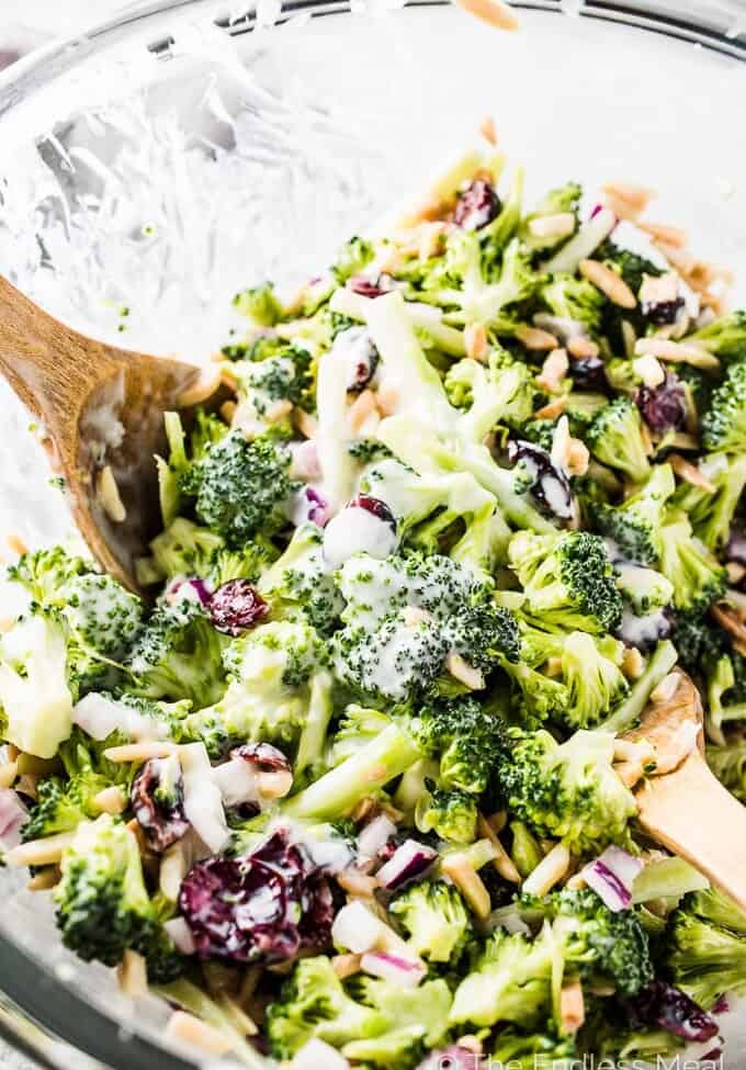 This classic (and healthy!) Broccoli Coleslaw recipe is made with fresh chopped broccoli and loaded with cranberries and slivered almonds and dotted with red onions. The lightly sweet and tangy lemon buttermilk dressing is easy to make and crazy delicious. You definitely want to make this! | vegetarian + gluten-free + refined sugar free | theendlessmeal.com | #coleslaw #broccoli #broccolislaw #slaw #healthyrecipes #healthymeals #kidfriendly #salad #vegetarian #glutenfree