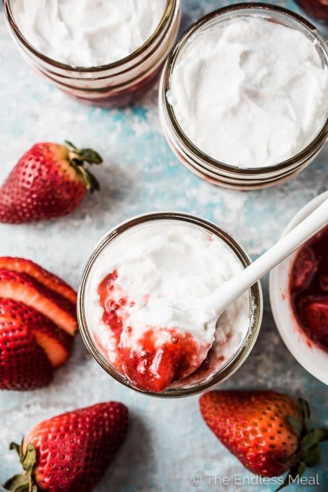 Have you ever wondered how to make Homemade Coconut Yogurt? This recipe is so easy! I like to serve the thick, dairy-free yogurt with a simple strawberry jam. It's delicious at brunch or packed in mini jars for quick and healthy grab and go breakfasts on busy weekday mornings.  | vegan + paleo + Whole30 approved | theendlessmeal.com | #vegan #vegetarian #glutenfree #paleo #whole30 #breakfast #coconut #coconutyogurt #yogurt #brunch #breakfastrecipes #healthyrecipes